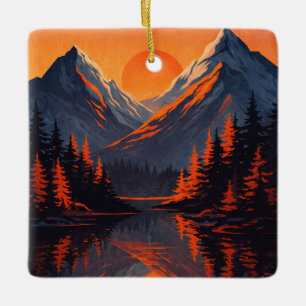 Mountain Sunset Reflection Fiery Orange Sky Ceramic Ornament