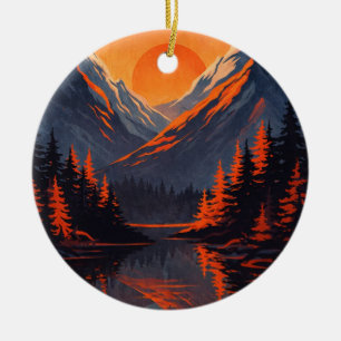 Mountain Sunset Reflection Fiery Orange Sky  Ceramic Tree Decoration