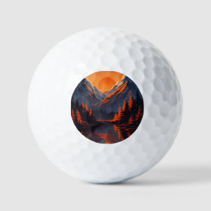 Mountain Sunset Reflection Fiery Orange Sky  Golf Balls