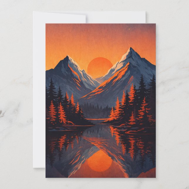 Mountain Sunset Reflection Fiery Orange Sky  Holiday Card (Front)