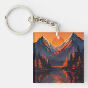 Mountain Sunset Reflection Fiery Orange Sky Key Ring