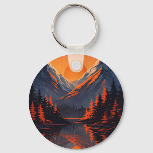 Mountain Sunset Reflection Fiery Orange Sky  Key Ring
