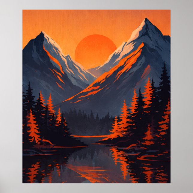 Mountain Sunset Reflection Fiery Orange Sky  Poster (Front)