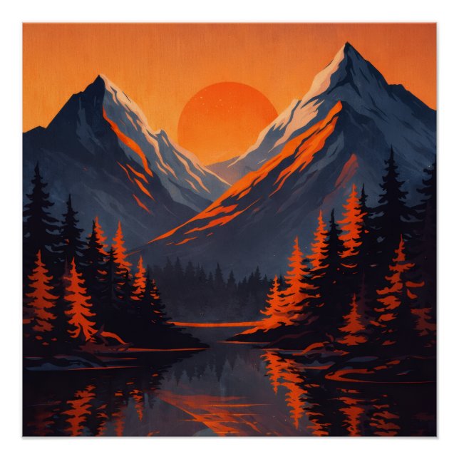 Mountain Sunset Reflection Fiery Orange Sky  Poster (Front)