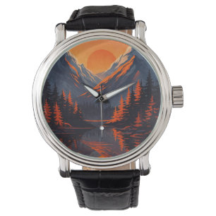 Mountain Sunset Reflection Fiery Orange Sky Watch