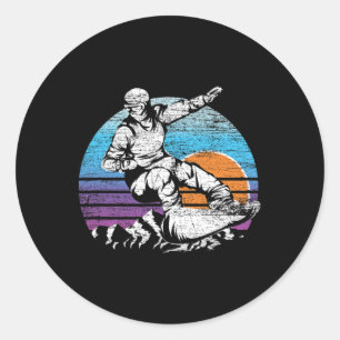 Mountain Sunset Snowboarding Winter Sports Retro S Classic Round Sticker