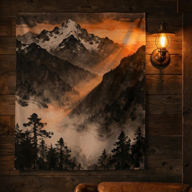 Mountain Sunset Tapestry | Golden Light Ink Art  (Creator Uploaded)