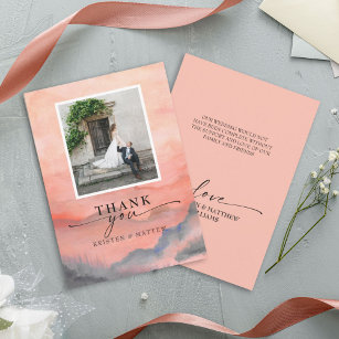 Mountain Sunset Watercolor Rustic Wedding Photo Thank You Card
