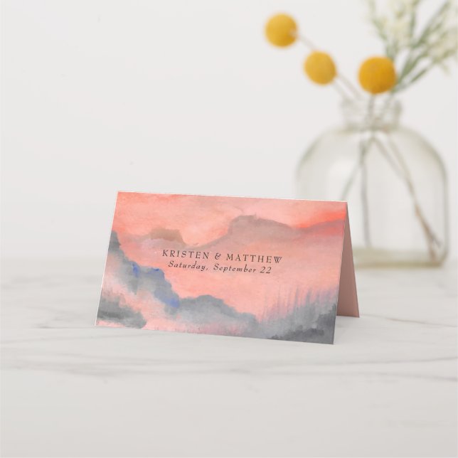 Mountain Sunset Watercolor Rustic Wedding Place Card (Back)