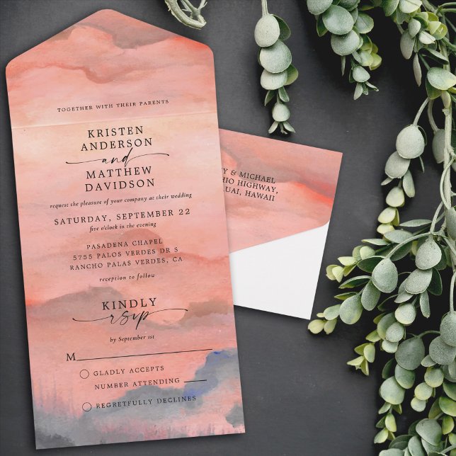 Mountain Sunset Watercolor Wedding All In One Invitation (All in One Mountain Sunset wedding invitation. Includes invite & rsvp. Perfect destination invite.)