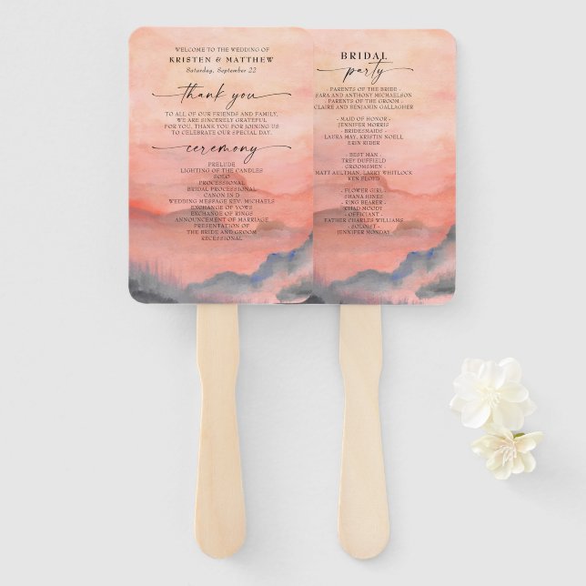 Mountain Sunset Watercolor Wedding Rustic  Hand Fan (Front and Back)