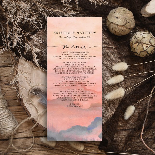 Mountain Sunset Watercolor Wedding Rustic  Menu (Elegant sunset mountain watercolor wedding menu for a barn, mountain, woodland, or fall wedding. )