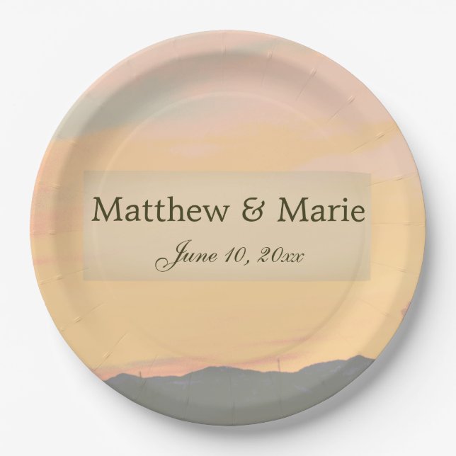 Mountain Sunset Wedding Paper Plate (Front)