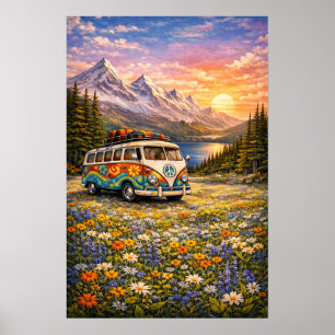 Mountain Sunset Wildflowers Retro Hippie Van Art Poster