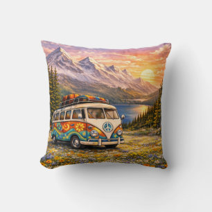 Mountain Sunset Wildflowers Retro Hippie Van Life Cushion