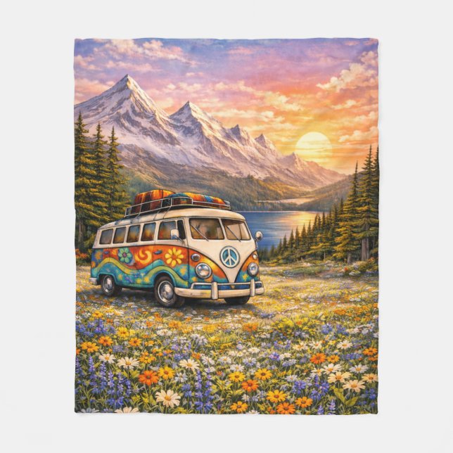 Mountain Sunset Wildflowers Retro Hippie Van Life Fleece Blanket (Front)