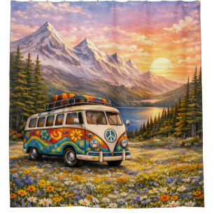 Mountain Sunset Wildflowers Retro Hippie Van Life Shower Curtain