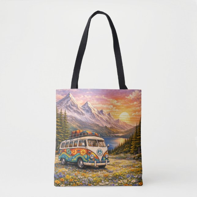 Mountain Sunset Wildflowers Retro Hippie Van Life Tote Bag (Front)