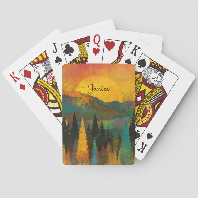 Mountain Sunshine Personalise Name Blue Green Gold Playing Cards (Back)