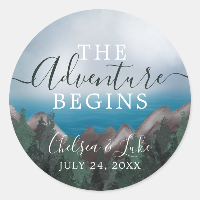 Mountain The Adventure Begins Wedding Thank You Classic Round Sticker (Front)