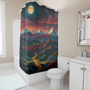 Mountain Top View Over Valley with Distant Moon Shower Curtain