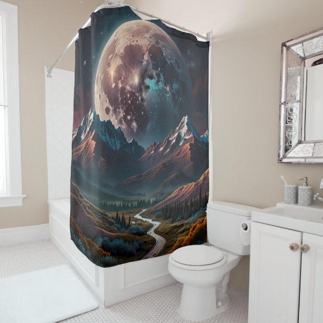 Mountain Top View Over Valley with Distant Moon  Shower Curtain (In Situ)