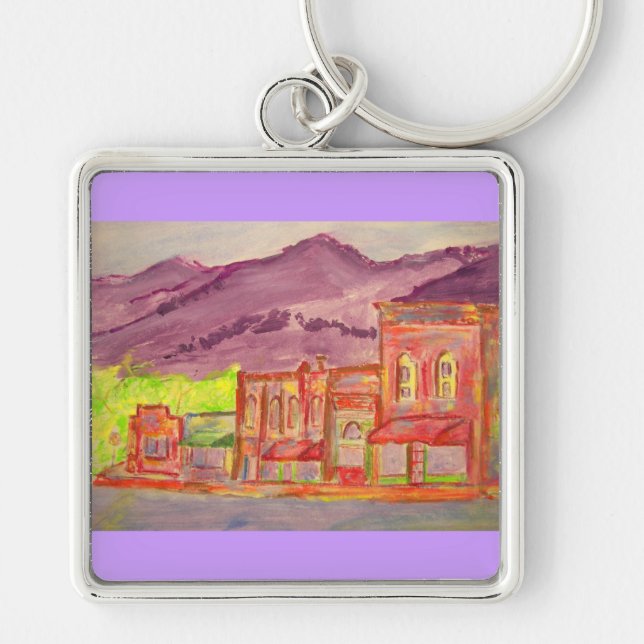 mountain town watercolour sketch key ring (Front)