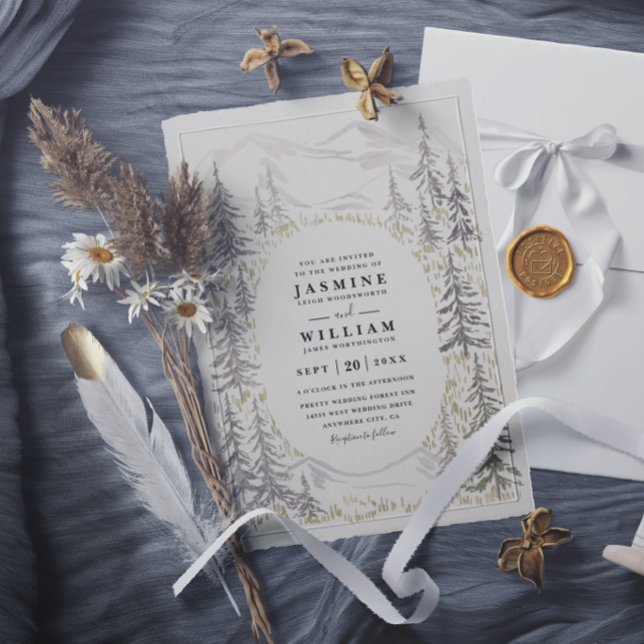 Mountain Trees Forest Rustic Elegant Wedding Invitation (Creator Uploaded)