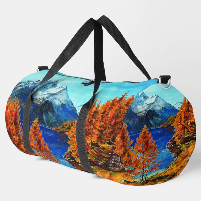 Mountain, Trees, Lake, Snow, Fall  Duffle Bag (Left Corner)