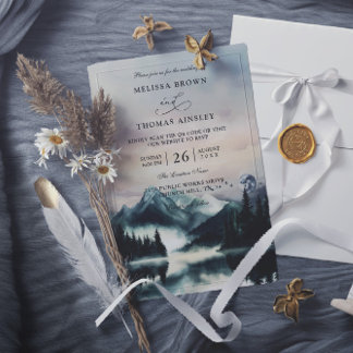 Mountain Trees Pine Rustic Budget QR Code Wedding Invitation