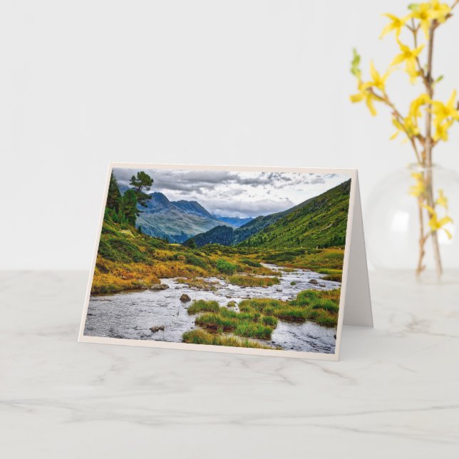Mountain Valley Peaceful Stream Custom Sympathy Card (Yellow Flower)