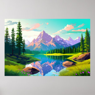 Mountain Valley River Landscape Nature Poster