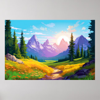 Mountain Valley River Landscape Nature Scenery Poster