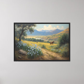 Mountain Valley with Horses and Blue Flowers  Canvas Print