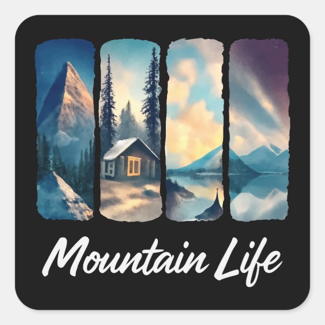 Mountain View with Forest Cabin and Lake Square Sticker (Front)