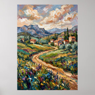 Mountain Village Wildflower Landscape Poster
