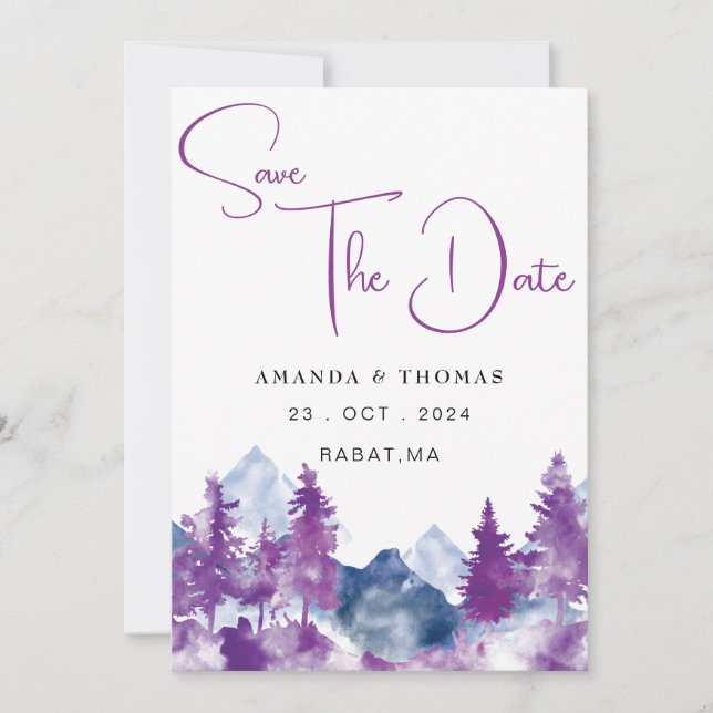 Mountain Watercolor Elegant Rustic Mauve Save The Date (Front)