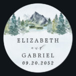 Mountain Watercolor Elegant Rustic Themed Wedding Classic Round Sticker<br><div class="desc">Design features an elegant watercolor mountain view scenery with a modern style text layout.</div>