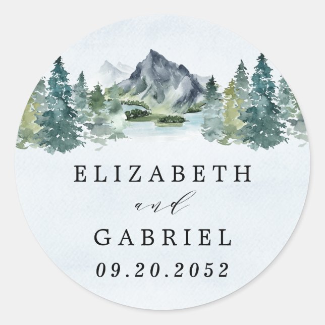 Mountain Watercolor Elegant Rustic Themed Wedding Classic Round Sticker (Front)
