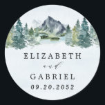 Mountain Watercolor Elegant Rustic Themed Wedding Classic Round Sticker<br><div class="desc">Design features an elegant watercolor mountain view scenery with a modern style text layout.</div>