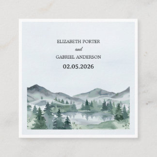 Mountain Watercolor Evergreen Rustic Tree Wedding Square Business Card