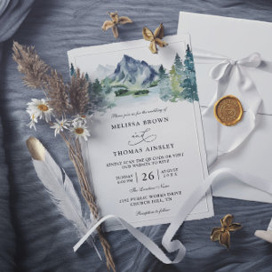 Mountain Watercolor Rustic Budget QR Code Wedding Invitation