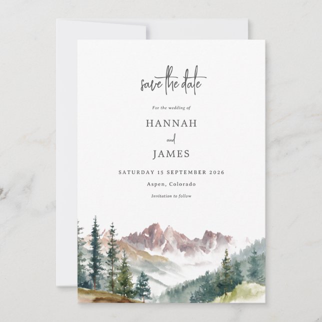 Mountain Watercolor Rustic Outdoor Wedding  Save The Date (Front)