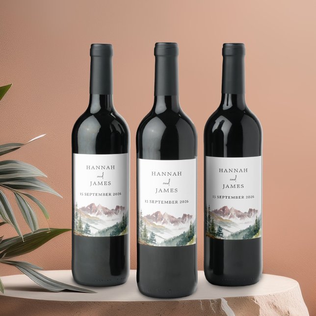 Mountain Watercolor Rustic Outdoor Wedding  Wine Label (Creator Uploaded)