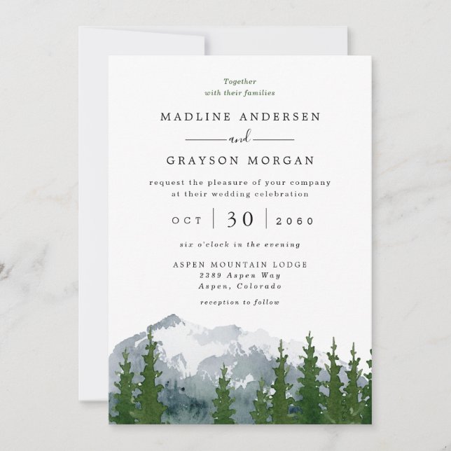 Mountain Watercolor Rustic Pine Tree Wedding  Invitation (Front)