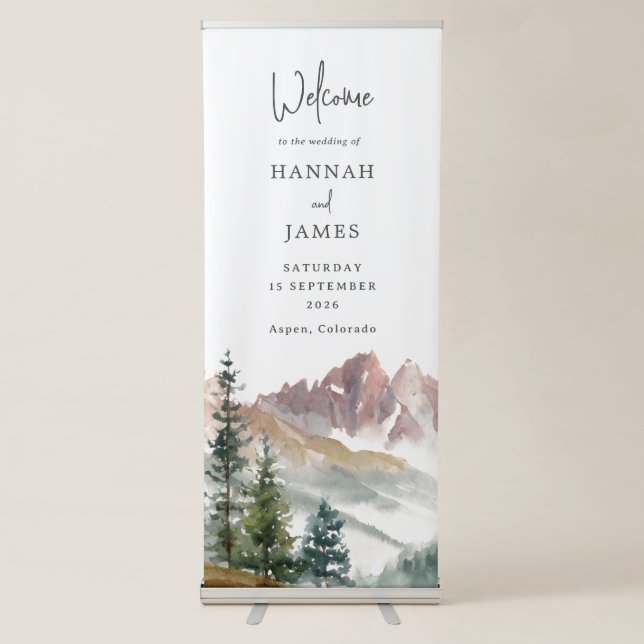 Mountain Watercolor Rustic Wedding Welcome Retractable Banner (Front)