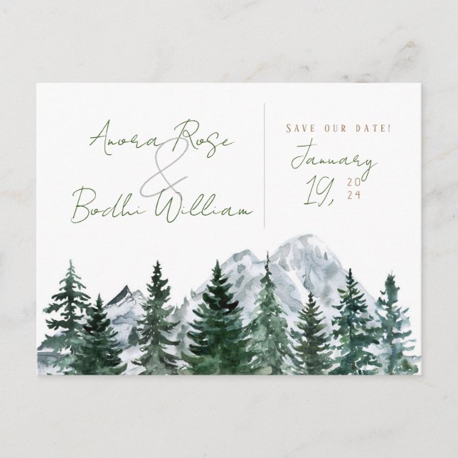 Mountain Watercolor Save The Date Announcement Postcard (Front)