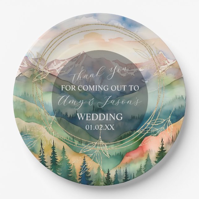 Mountain Watercolor Scenery Destination Wedding Paper Plate (Front)