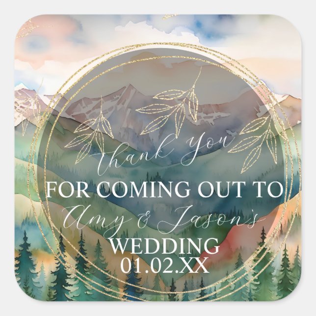 Mountain Watercolor Scenery Destination Wedding Square Sticker (Front)