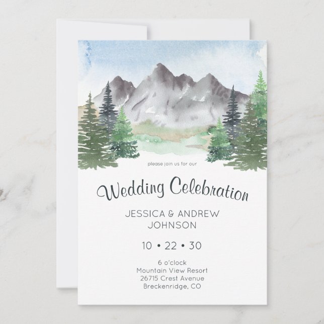 Mountain Watercolor Wedding Celebration Invitation (Front)